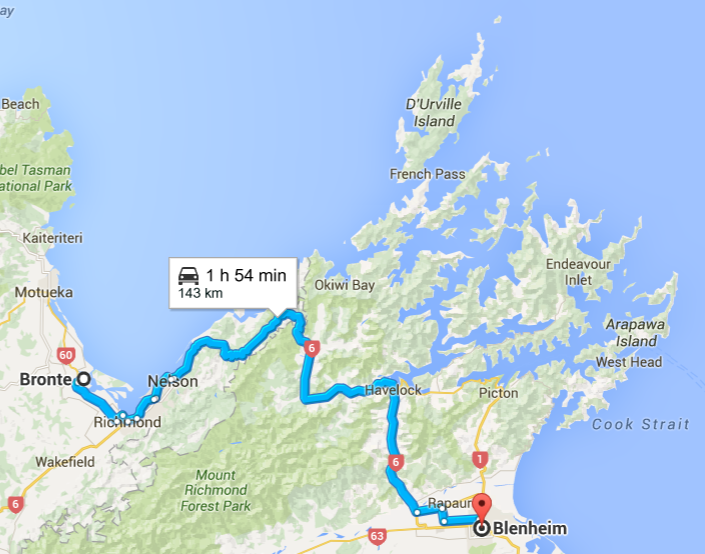 143 km from Nelson to Blenheim