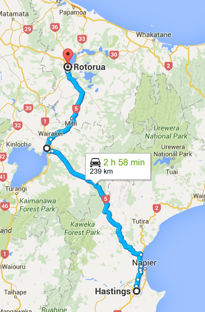 240 km from Napier to Rotorua
