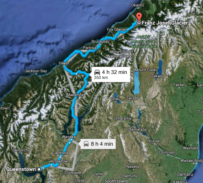350 KM from Queenstown to Franz Josef Glacier