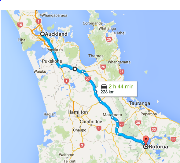 230 km from Rotorua to Auckland